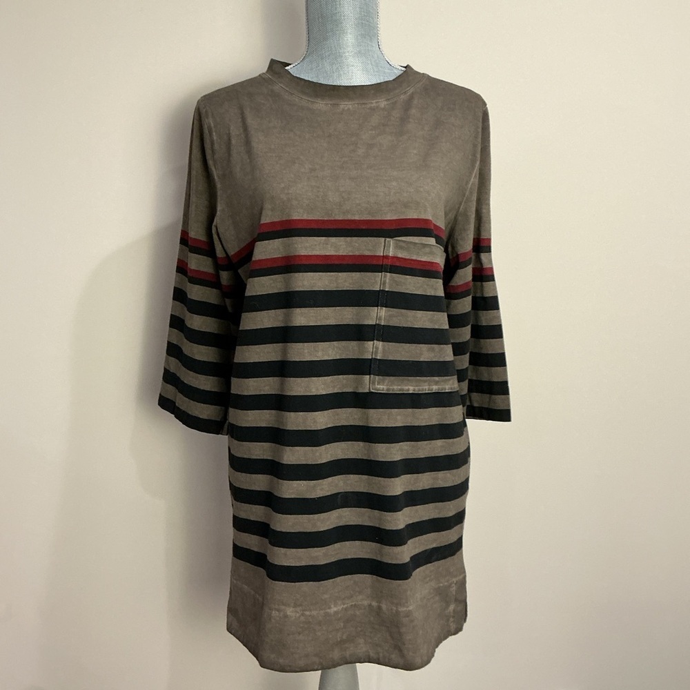 POL Brown and Black Striped, 3/4 length sleeve, distressed tunic, size S